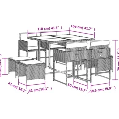 vidaXL - 9-delige Tuinset wit kussens 4 krukken - Zwart poly rattan - 110x106 cm