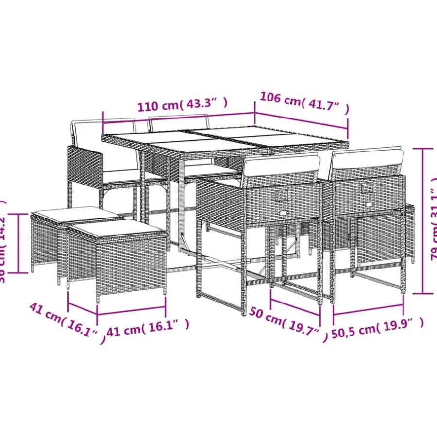 vidaXL - 9-delige Tuinset wit kussens 4 krukken - Zwart poly rattan - 110x106 cm