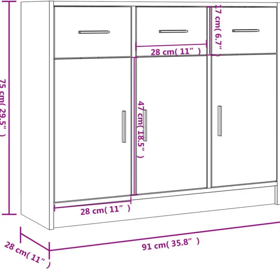 vidaXL - Dressoir met 3 deuren 3 lades - Wit - Bewerkt hout - 91x28x75 cm