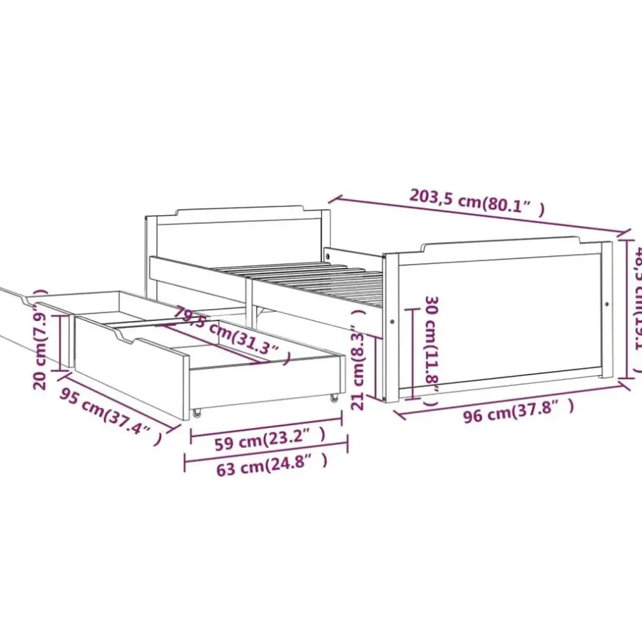 vidaXL - Eenpersoonsbed met lades - Donkergrijs - Massief grenenhout - 90x200 cm