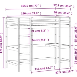 vidaXL - Hoogslaper met bureau - Wit - Massief grenenhout - 90x190 cm