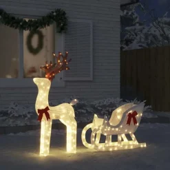 Kerstverlichting-vidaXL - Kerstdecoratie rendier en slee met LED's - Koudwit - Stof en metaal