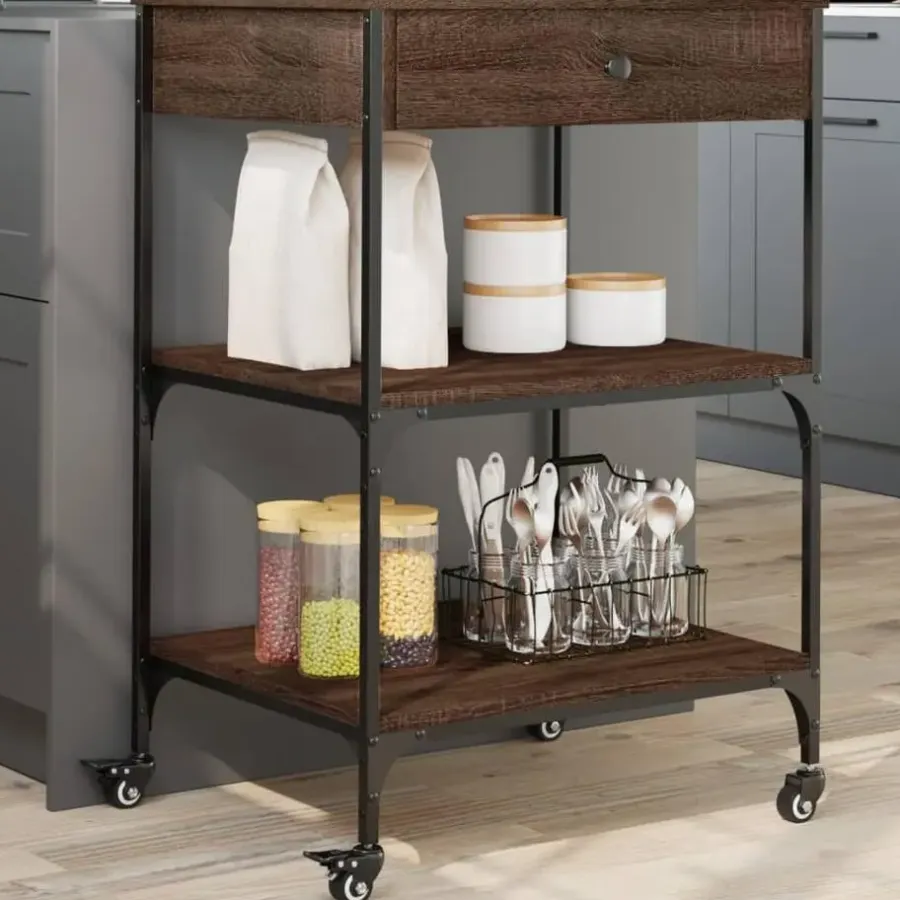 Trolleys-vidaXL - Keukentrolley - Bruin - Bewerkt hout