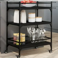 Trolleys-vidaXL - Keukentrolley - Zwart - Bewerkt hout