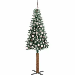 vidaXL - Kunstkerstboom met roze ballen 180 cm - Groen en wit - PVC en hout