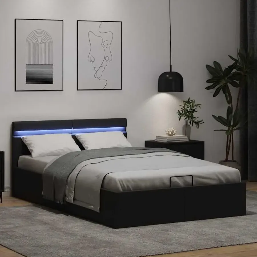 Twijfelaars-vidaXL - LED Bed frame met opbergruimte - Zwart - Kunstleer - 140x200 cm