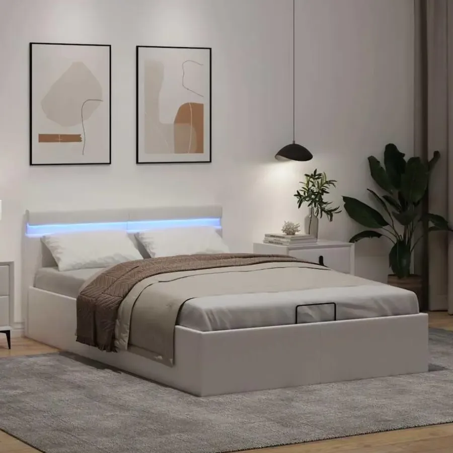Twijfelaars-vidaXL - LED bed met opbergruimte - Hydraulisch - Wit - Kunstleer - 120x200 cm