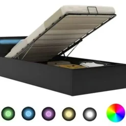 1-Persoons Bedden-vidaXL - LED bed met opbergruimte - Hydraulisch - Zwart - Kunstleer - 90x200 cm