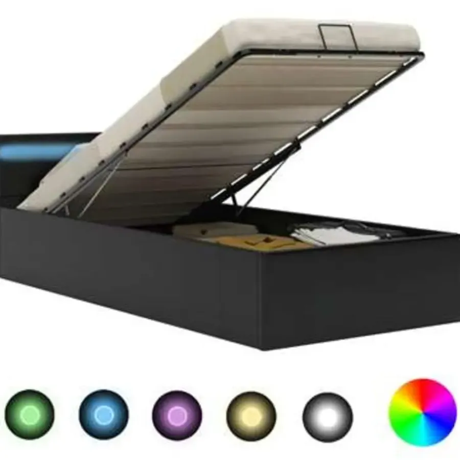 1-Persoons Bedden-vidaXL - LED bed met opbergruimte - Hydraulisch - Zwart - Kunstleer - 90x200 cm