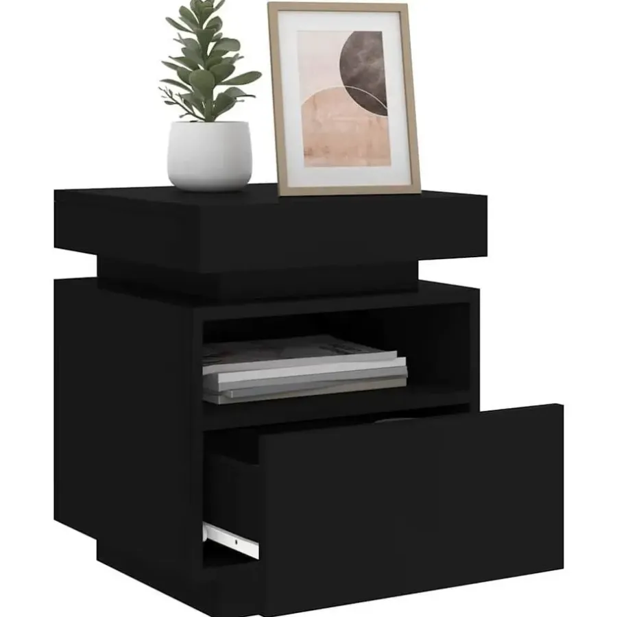 Nachtkastjes|Nachtkastjes-vidaXL - LED Nachtkastjes met lade - Zwart - Bewerkt hout - 40x39x48.5 cm - 2 st