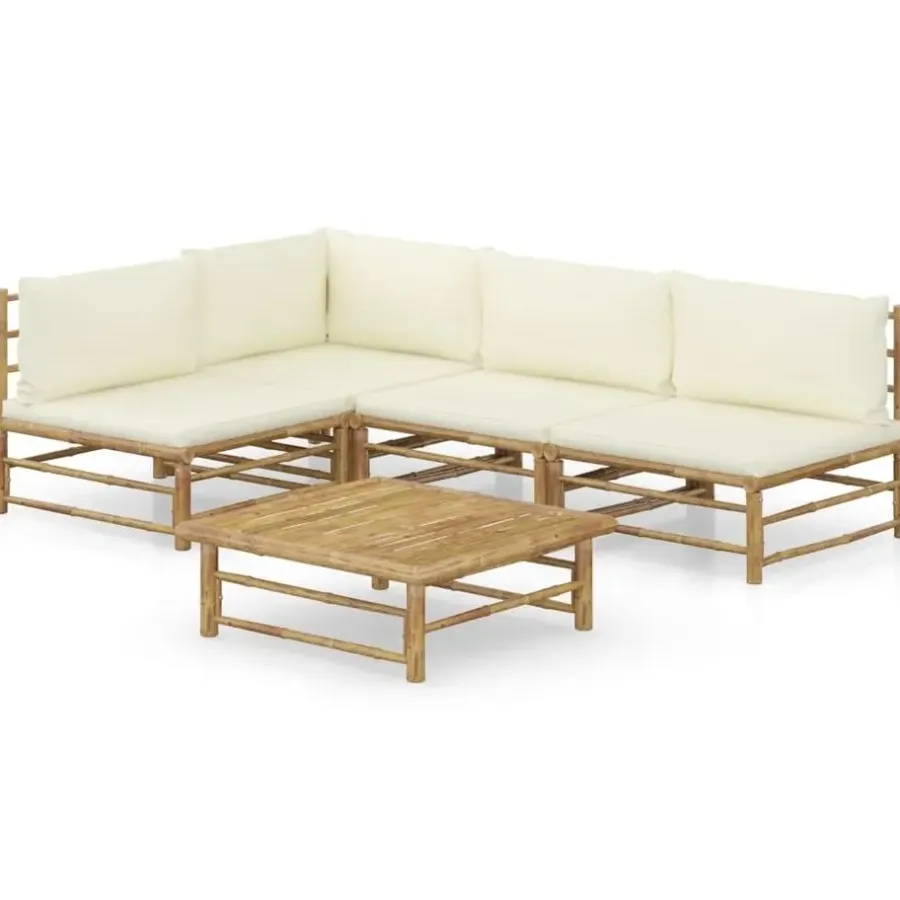 Loungesets-vidaXL - Loungeset - Crèmewitte - Bamboe - 5 stuks - Met kussens