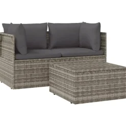 Loungesets-vidaXL - Loungeset - Grijs - Poly rattan - 3 stuks - Met kussens
