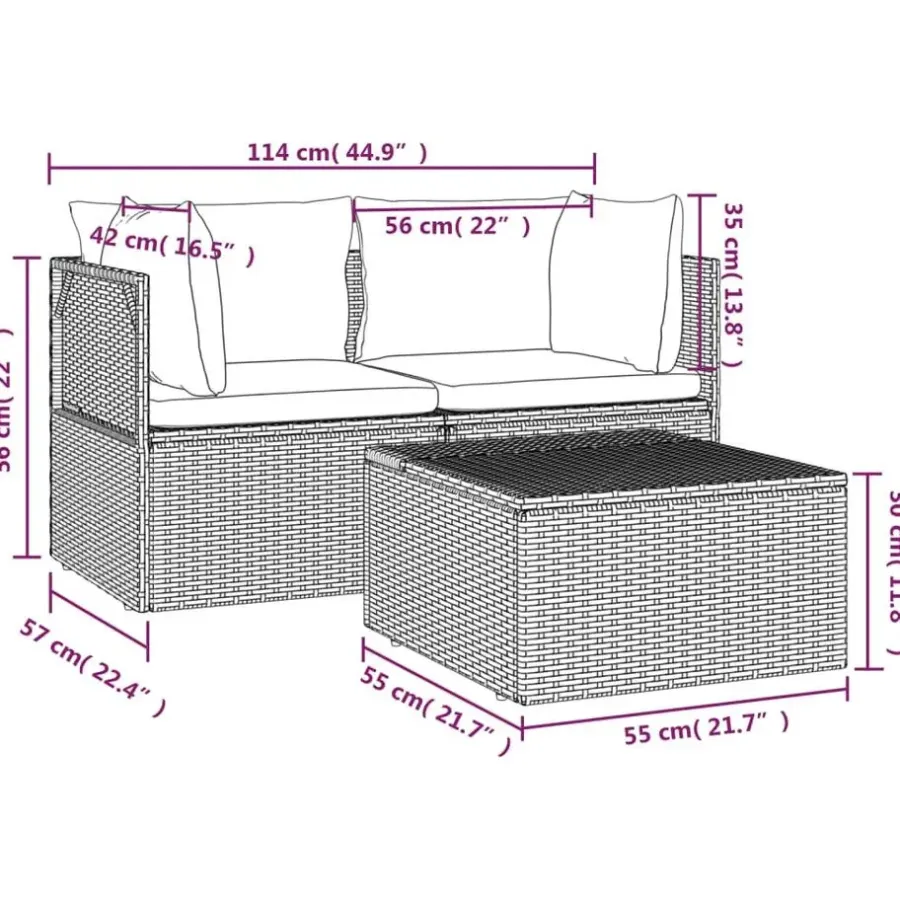 Loungesets-vidaXL - Loungeset - Grijs - Poly rattan - 3 stuks - Met kussens