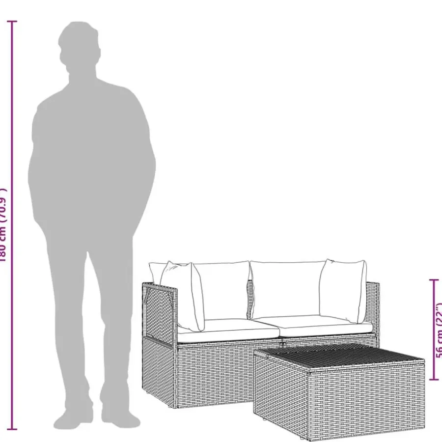 Loungesets-vidaXL - Loungeset - Grijs - Poly rattan - 3 stuks - Met kussens