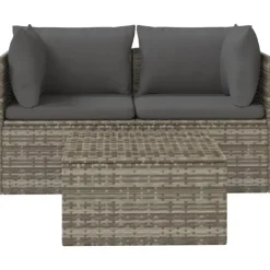 Loungesets-vidaXL - Loungeset - Grijs - Poly rattan - 3 stuks - Met kussens