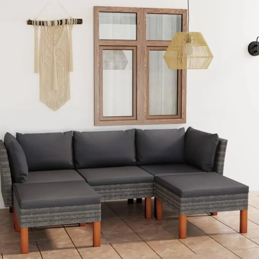 vidaXL - Loungeset - Grijs - Poly rattan - 5 stuks - Met kussens