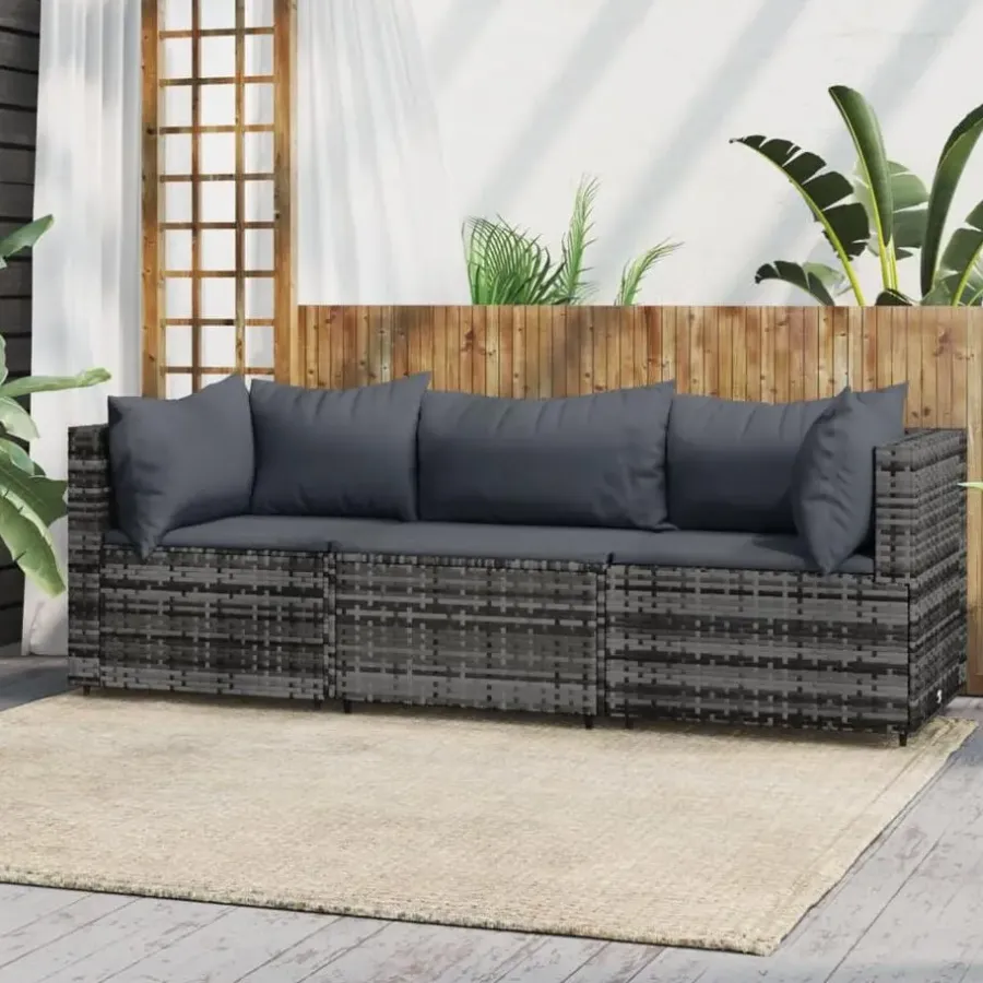 vidaXL - Loungeset - Grijs - Poly rattan - 3 stuks - Met kussens