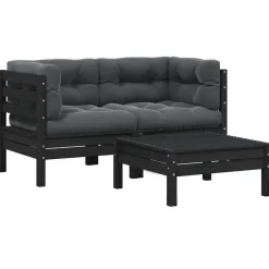 Loungesets-vidaXL - Loungeset - Zwart - Grenenhout - 3 stuks - Met kussens