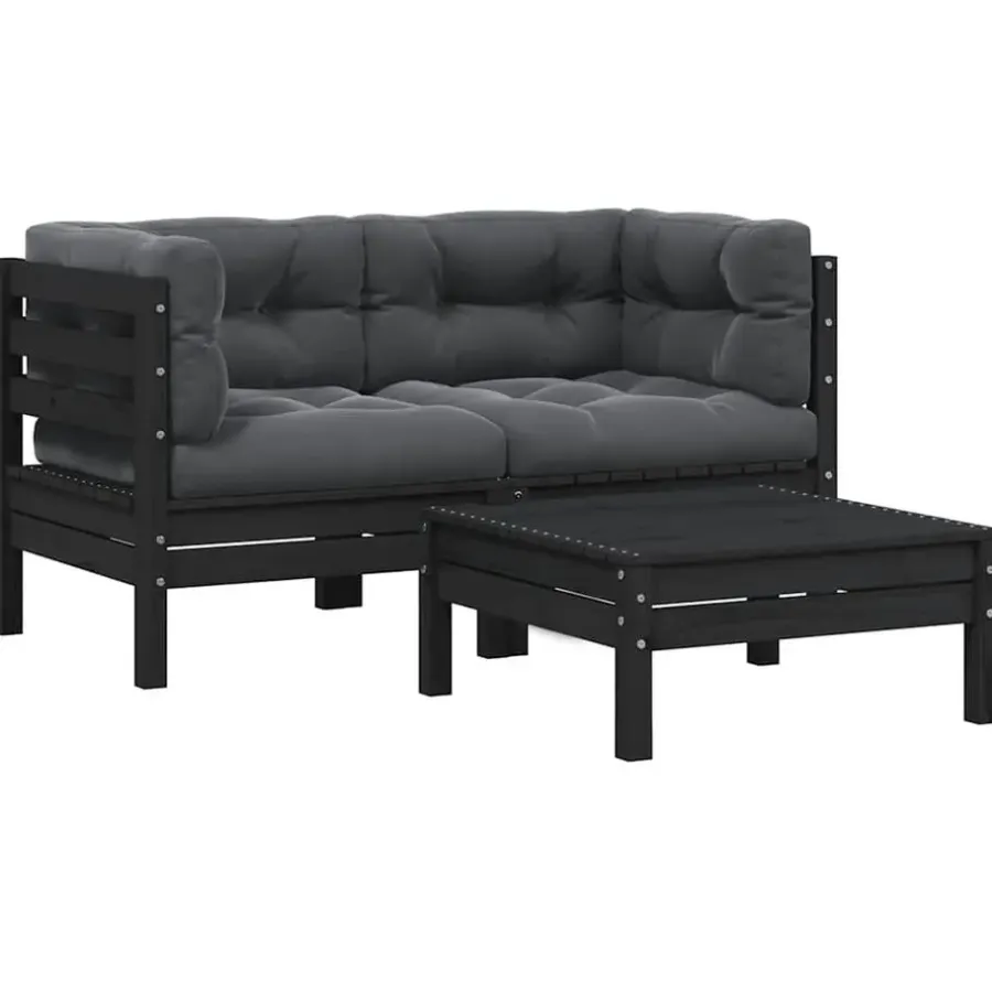 Loungesets-vidaXL - Loungeset - Zwart - Grenenhout - 3 stuks - Met kussens
