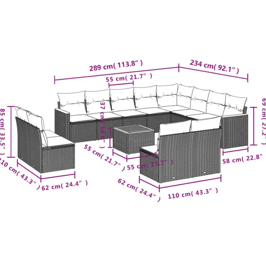 vidaXL - Loungeset - Zwart - Poly rattan - 13 stuks - Met kussens