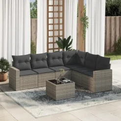 Loungesets-vidaXL - Loungeset met kussens - Grijs - Poly rattan - 7 stuks
