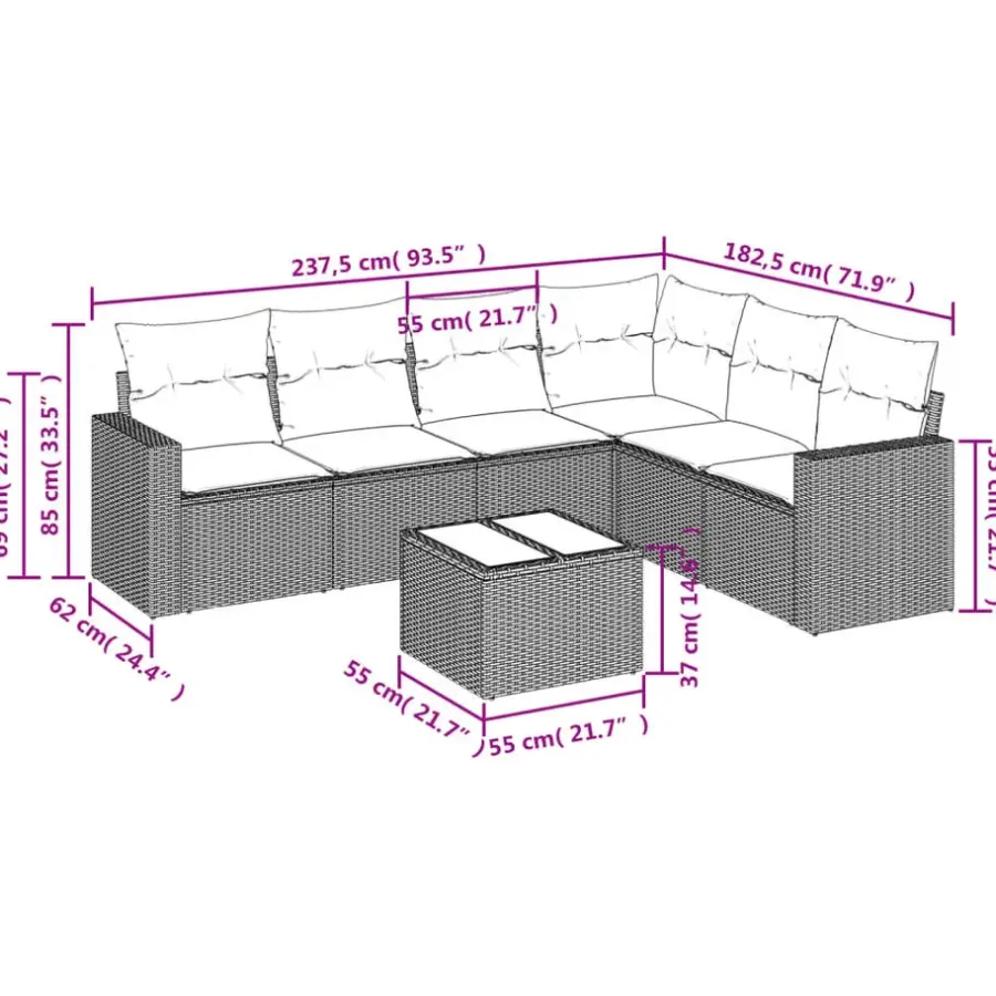Loungesets-vidaXL - Loungeset met kussens - Grijs - Poly rattan - 7 stuks