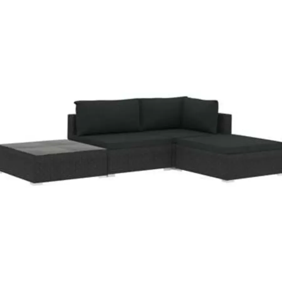 Loungesets-vidaXL - loungeset voor 3 met kussens zwart polyrattan 4 stuks