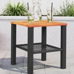 Tuintafels-vidaXL - Loungetafel - Weerbestendig - Zwart - Poly rattan en hout - 40x40x42 cm
