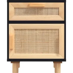 Nachtkastjes|Nachtkastjes-vidaXL - Nachtkastjes - Zwart - Grenenhout en natuurlijk rattan - 2 stuks
