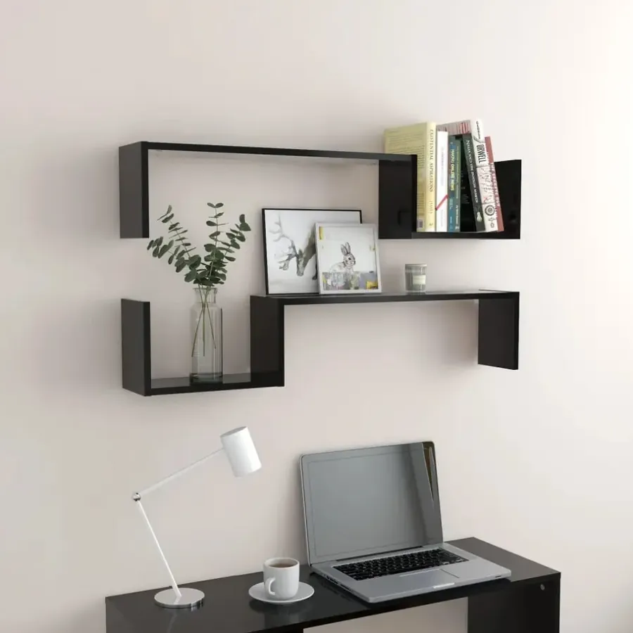 Wandplanken-vidaXL - Plank - Zwart - Bewerkt hout - 2 stuks