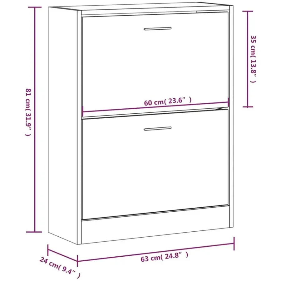 Schoenenkasten-vidaXL - Schoenenkast 4 paar met 2 kleppen - Hoogglans wit - Hout - 63x24x81 cm