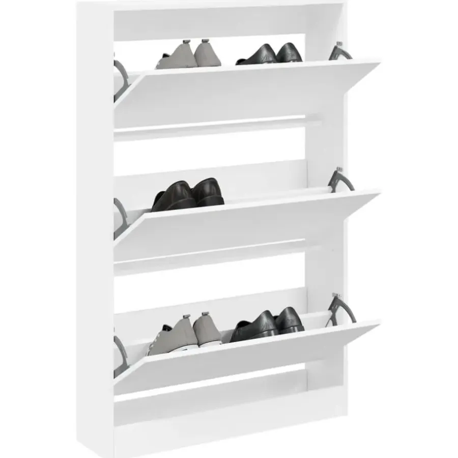 Schoenenkasten-vidaXL - Schoenenkast 9 paar met 3 kleppen - Wit - Bewerkt hout - 80x21x125.5 cm