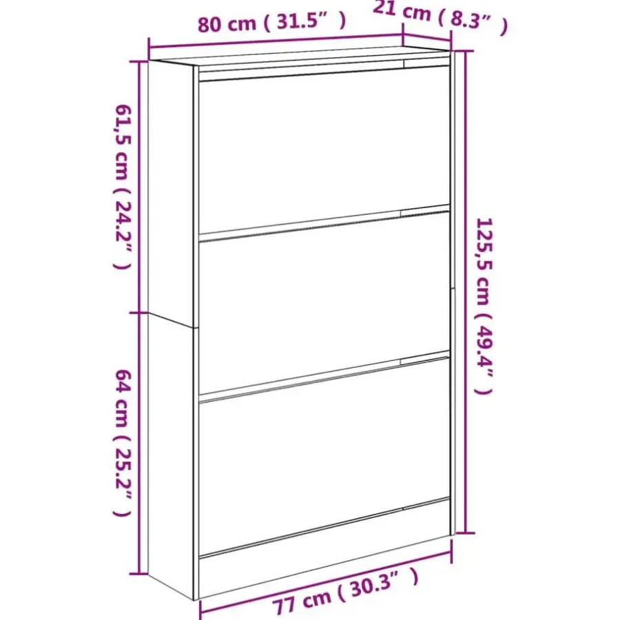 Schoenenkasten-vidaXL - Schoenenkast 9 paar met 3 kleppen - Wit - Bewerkt hout - 80x21x125.5 cm