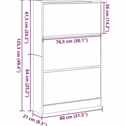 Schoenenkasten-vidaXL - Schoenenkast met 3 kleppen 9 paar - Zwart eiken - 80x21x125,5 cm