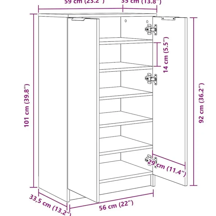 Schoenenkasten-vidaXL - Schoenenkast met 2 deuren - Gerookt eiken - Hout - 59x35x100 cm