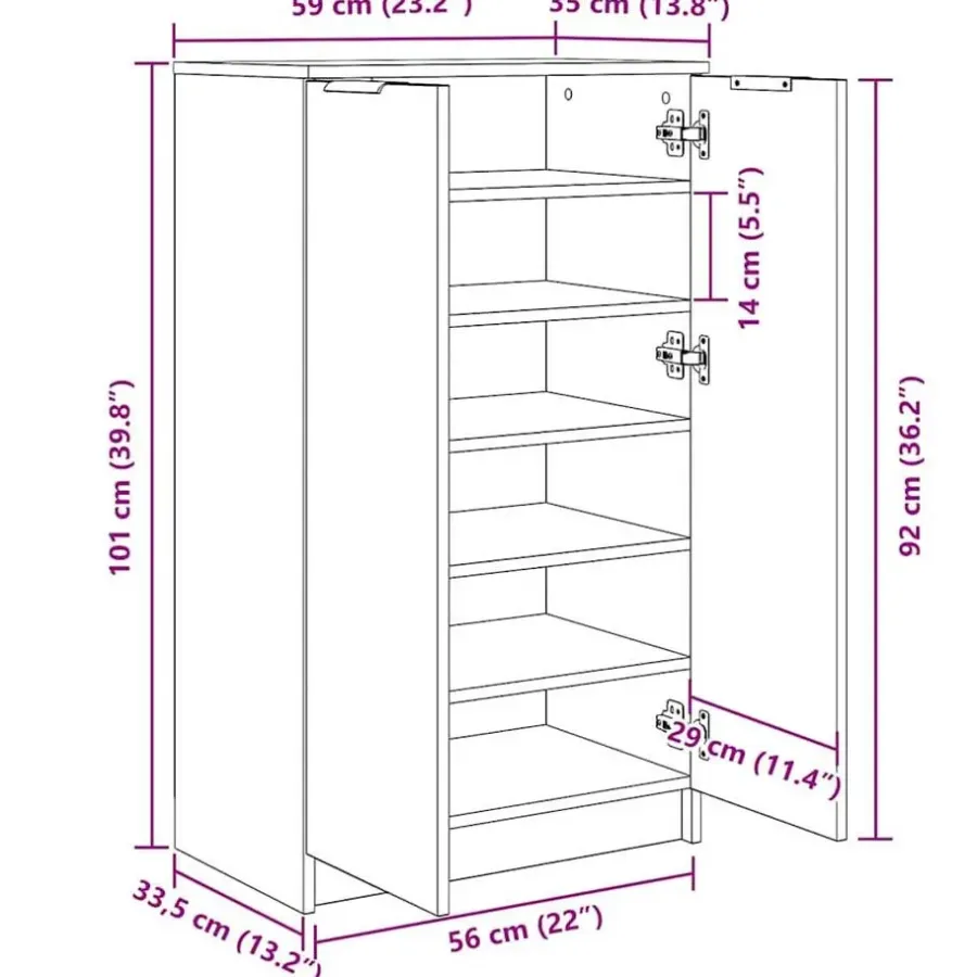 vidaXL - Schoenenkast met 2 deuren - Zwart eiken - Bewerkt hout - 59x35x100 cm