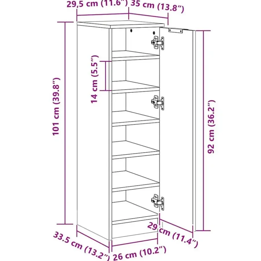 vidaXL - Schoenenkast met 1 deur - Gerookt eiken - Bewerkt hout - 30x35x100 cm