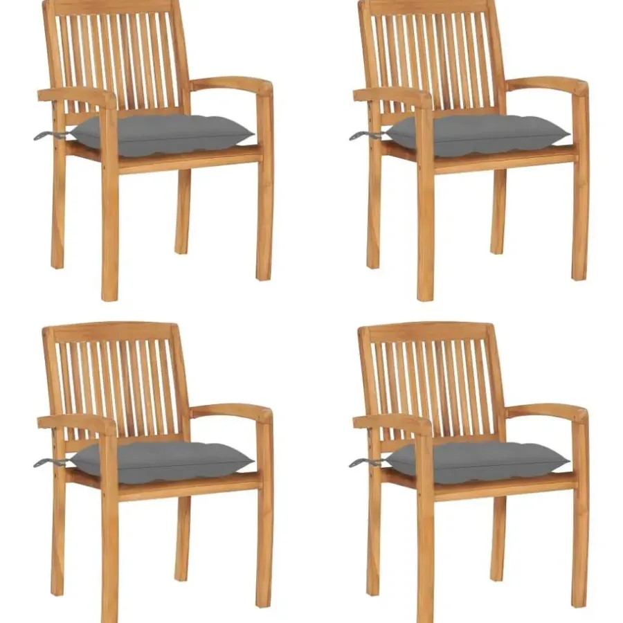 Tuinstoelen-vidaXL - Stapelstoelen - Kussens - Grijs - Hout - 4 stuks