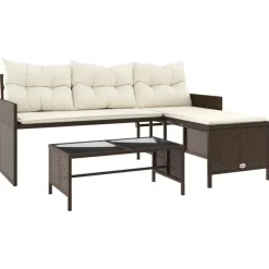 Loungesets-vidaXL - Tuinbank - Bruin - Poly rattan - L-vormig - Met tafel en kussens