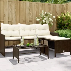 Loungesets-vidaXL - Tuinbank - Bruin - Poly rattan - L-vormig - Met tafel en kussens