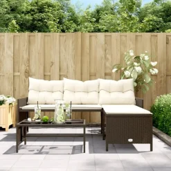 Loungesets-vidaXL - Tuinbank - Bruin - Poly rattan - L-vormig - Met tafel en kussens