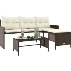 Loungesets-vidaXL - Tuinbank - Bruin - Poly rattan - L-vormig - Met tafel en kussens
