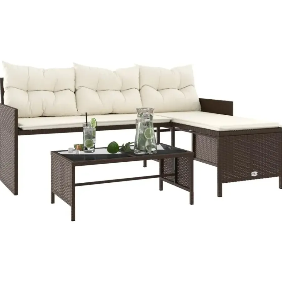 Loungesets-vidaXL - Tuinbank - Bruin - Poly rattan - L-vormig - Met tafel en kussens