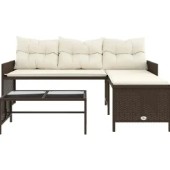 Loungesets-vidaXL - Tuinbank - Bruin - Poly rattan - L-vormig - Met tafel en kussens