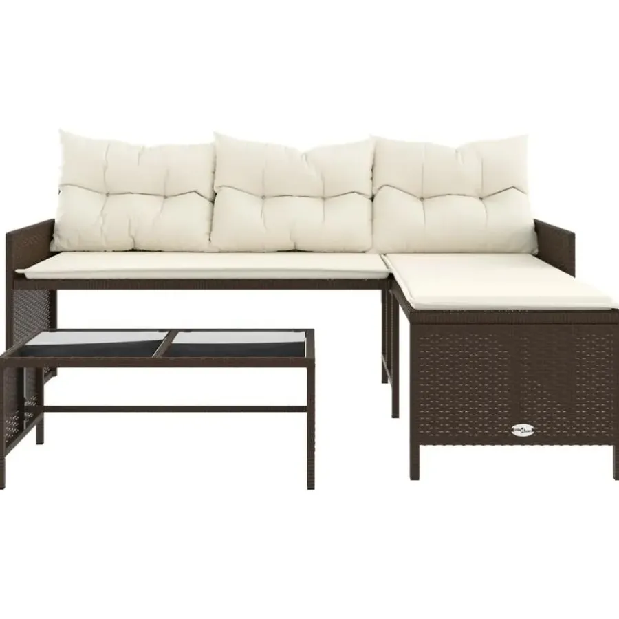 Loungesets-vidaXL - Tuinbank - Bruin - Poly rattan - L-vormig - Met tafel en kussens