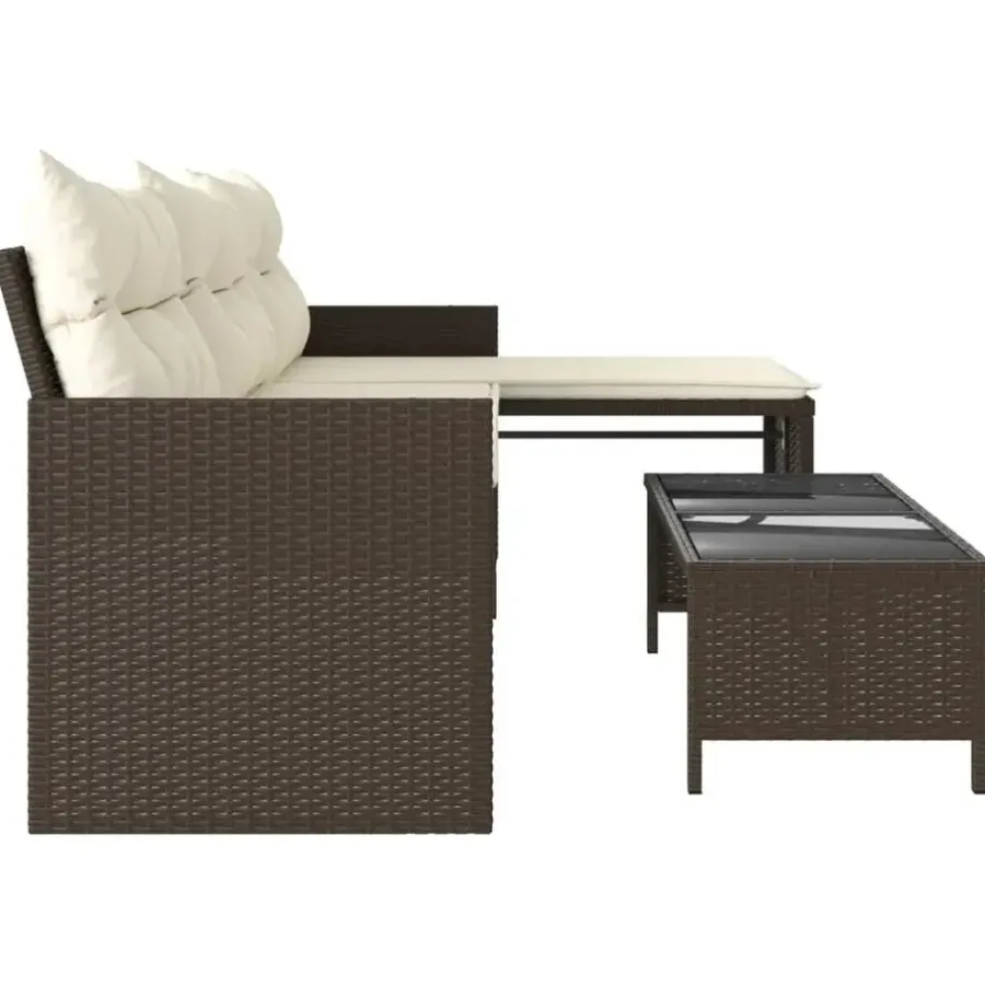 Loungesets-vidaXL - Tuinbank - Bruin - Poly rattan - L-vormig - Met tafel en kussens