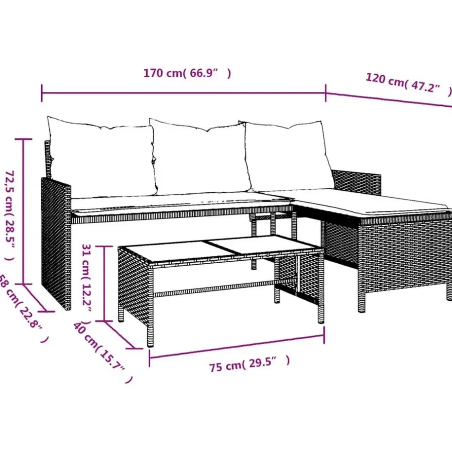 Loungesets-vidaXL - Tuinbank - Bruin - Poly rattan - L-vormig - Met tafel en kussens