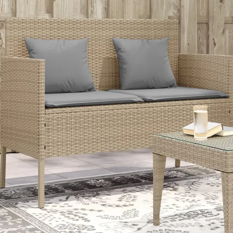 Loungebanken-vidaXL - Tuinbank met grijs kussens - Beige poly rattan - 113x61x87 cm
