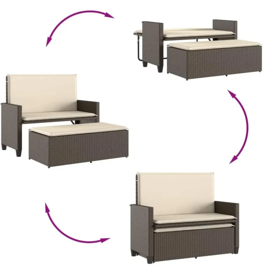Tuinbanken-vidaXL - Tuinbank met kussens en voetenbank - Bruin - Poly rattan - 122x55x97 cm