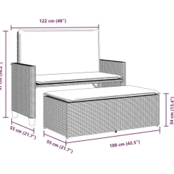 Tuinbanken-vidaXL - Tuinbank met kussens en voetenbank - Bruin - Poly rattan - 122x55x97 cm